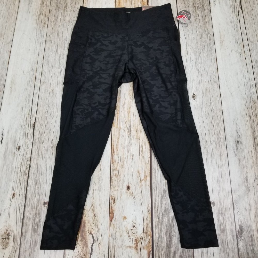 Bally Total Fitness High Rise Ankle Leggings Large Black Mesh Camo New